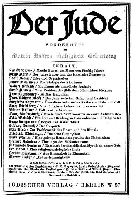 <i>Der Jude</I>, Sonderheft zum 50. Geburtstag Martin Bubers (1928)
